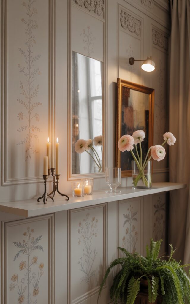 A photograph of an elegant Gustavian-style hallway, centered on a section of intricately detailed wall panels. The panels are painted a soft, creamy white and showcase delicate, hand-painted floral motifs in muted pastel hues, with subtle shadows accentuating their texture. A floating ledge displays antique brass keys, beeswax candles in simple glass holders, and a vase of delicate, pale pink ranunculus flowers, while a single spotlight illuminates a framed abstract painting hanging above. Soft, natural light streams through a partially obscured window, gently illuminating the potted fern resting on the floor near the wall.