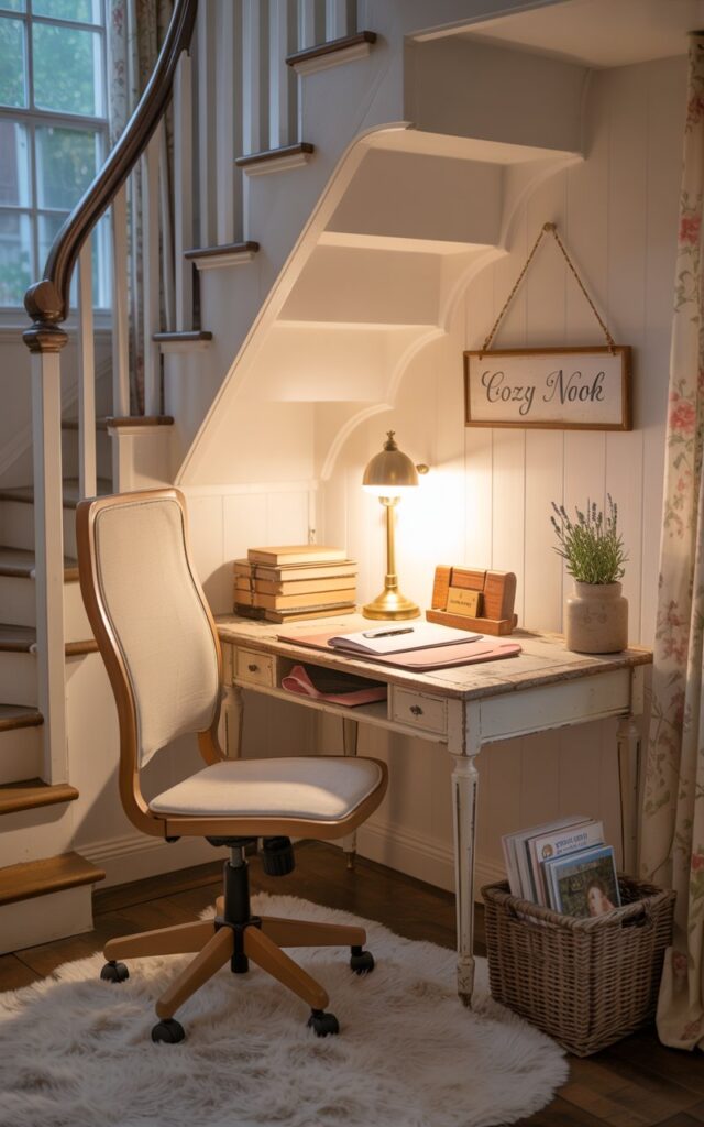 A photograph of a cozy, shabby chic home office tucked beneath a gently curving wooden staircase. A comfortable ergonomic chair upholstered in cream-colored fabric sits atop a plush, off-white rug, facing a weathered wooden desk adorned with a vintage brass lamp casting a warm glow, a stack of worn leather-bound notebooks, and a small ceramic pot with a sprig of lavender. Above the workspace, a small wooden sign hangs, displaying "Cozy Nook" in elegant script, while soft pastel wallpaper, floral curtains, and a woven basket filled with magazines complete the charming cottagecore aesthetic, illuminated by the gentle evening dusk light filtering through the window. The scene is intimate and inviting, creating a sense of peaceful productivity.