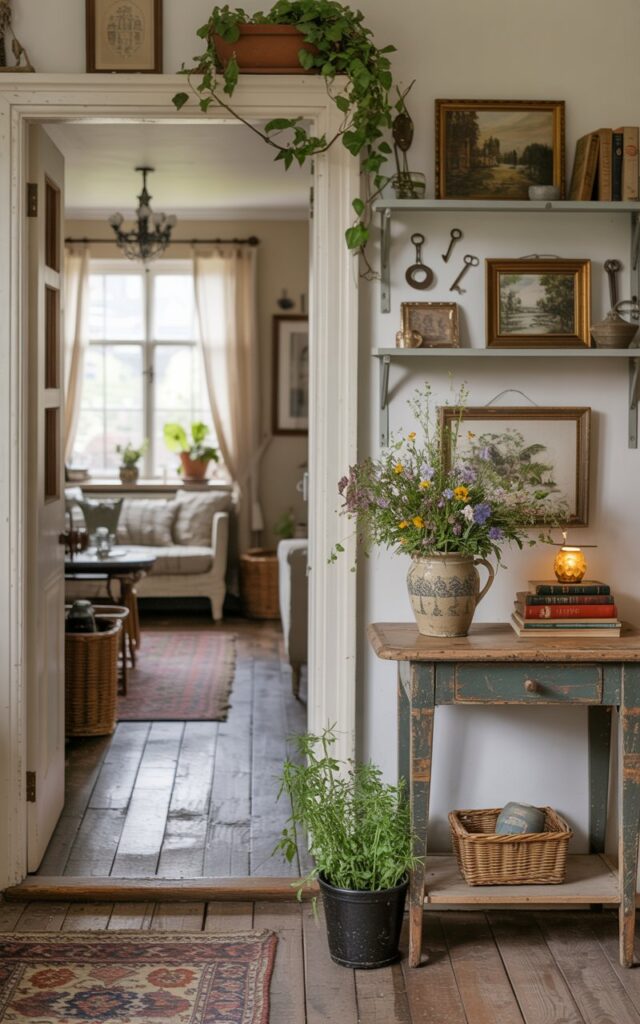 A photograph of a quaint, sun-drenched hallway leading into a cozy living room styled with cottagecore aesthetics. A worn, antique console table sits against the wall, displaying a ceramic vase filled with freshly picked wildflowers and a stack of vintage books; above it are slim, floating shelves showcasing a collection of antique keys, miniature landscape paintings, and well-loved novels. The hallway floor is covered in wide-planked wooden floors accented by a patterned runner rug, with potted herbs and trailing ivy plants adding splashes of green and life. Soft, diffused natural light streams through a nearby window, casting a warm glow over the rustic textures and highlighting the charming details of the space.