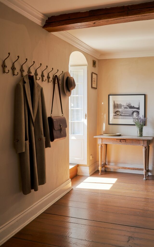 A photograph of a spacious, sun-drenched countryside hallway leading into a warmly lit living room. A weathered wooden console table stands against the far wall, adorned with a small vase of lavender and a framed black and white photograph of a vintage automobile. Upon a series of antique brass hooks lining the wall, a tweed coat, a leather satchel, and a felt cloche hat are neatly arranged, reflecting the hallway's organized elegance. Soft, natural light streams through a nearby window, illuminating the polished hardwood floor and the textured plaster walls, accented by exposed wooden beams and elegant crown molding.