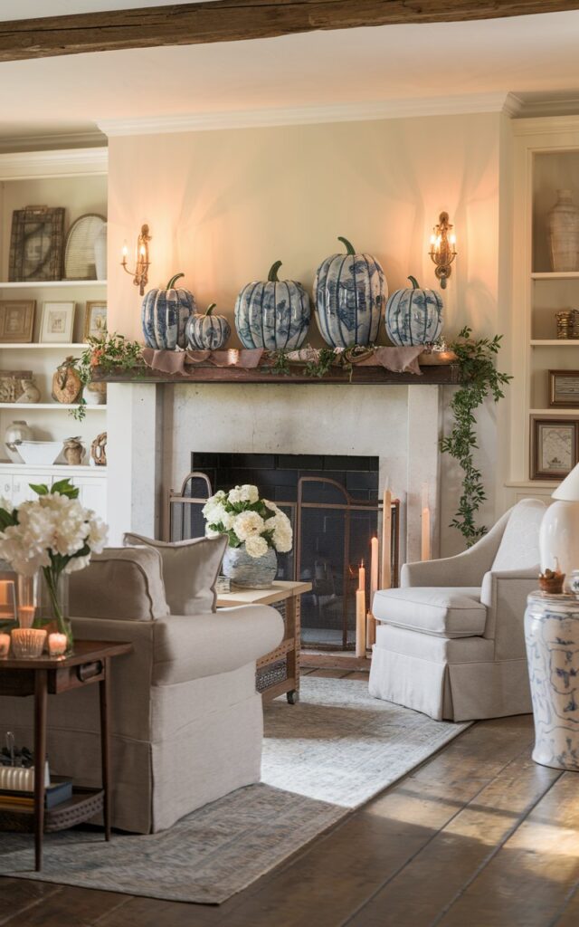 A photo of a posh countryside living room with elegantly furnished and well-organized decor. The mantel above the fireplace is beautifully decorated, with 3-4 blue and white ceramic pumpkins of varying heights. These pumpkins are artfully arranged, mixed with subtle seasonal accents like small candles, greenery, and rustic decorative objects. The room includes plush sofas, wooden floors, a cozy rug, and tasteful countryside-style decor such as framed prints, vases, and soft lighting. Warm, natural light filters in, highlighting the textures and colors.