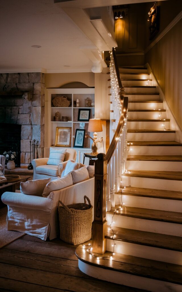 A photo of a posh countryside rustic style living room at night. The room has a stone fireplace, plush linen sofas, and vintage accents like woven baskets and framed art. There's a staircase with warm white fairy lights draped along the banister. The lights softly illuminate the wooden handrail and cast a golden glow over the rustic oak steps. The overall ambiance feels warm, romantic, and timeless.