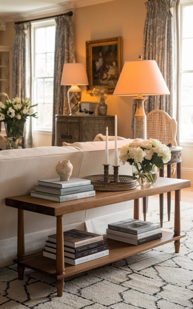 A photo of a posh countryside-style living room with a wooden bench placed behind the sofa for elegant visual layering. The bench is styled with a few stacked books, a decorative tray with candles, a flower vase, and a table lamp, adding both beauty and function. The space includes classic furniture, vintage artwork, and a patterned rug, all bathed in warm, golden light. Soft textures, rich wood tones, and timeless details create a refined yet cozy atmosphere, embodying the luxurious comfort of an English country home.