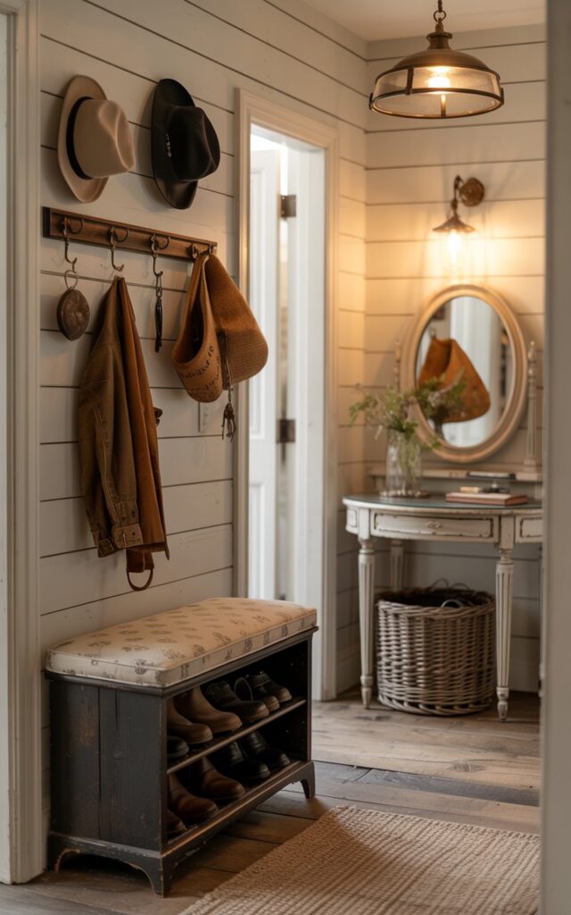 A photograph of a charming rustic hallway inside a posh farmhouse. A small, dark-stained shoe rack stands against the shiplap wall, topped with a cushioned seat featuring a subtle floral pattern and accented by vintage-style wall hooks displaying a variety of hats, worn leather coats, and antique keychains. A round vanity table with a delicately framed mirror sits nearby, reflecting the warm glow of a pendant lamp hanging overhead. Soft, diffused light illuminates the aged wooden floors and highlights the textures of woven baskets and a cozy braided runner, creating a welcoming and timeless atmosphere.