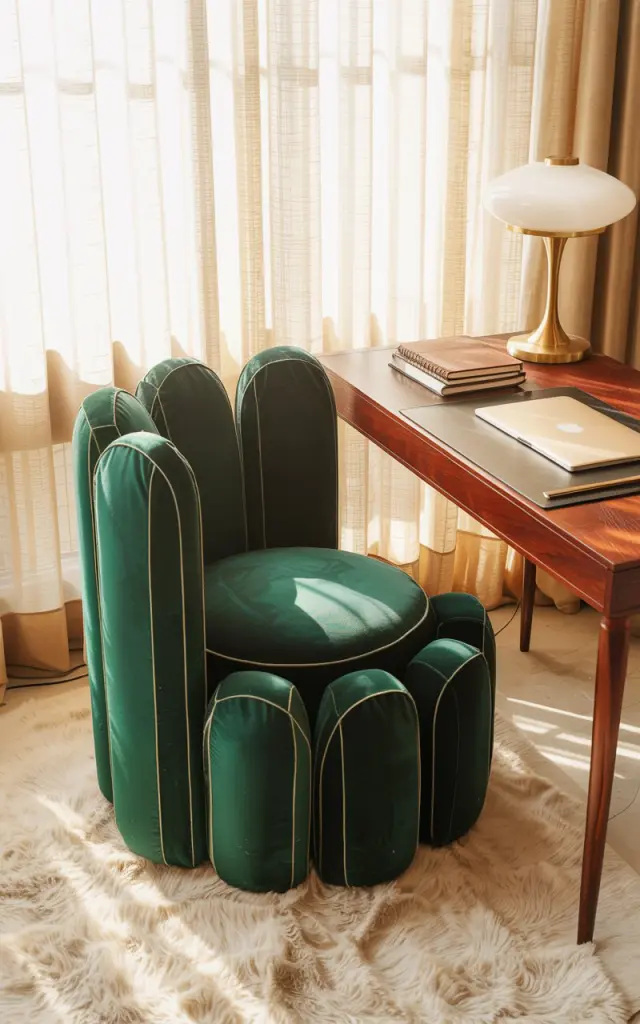 A photograph of a plush, velvet statement chair positioned within a glamorous Art Deco home office. The chair, upholstered in deep emerald green velvet with subtle gold geometric stitching, features dramatically rounded, enveloping sides and rests elegantly on a cream-colored shag rug. A sleek mahogany desk, adorned with a minimalist laptop, a stack of leather-bound notebooks, and a brass desk lamp with a frosted glass shade, sits behind the chair. Soft, natural light streams through sheer linen curtains, highlighting the gold accents and geometric patterns that define the room's luxurious and stylish atmosphere.