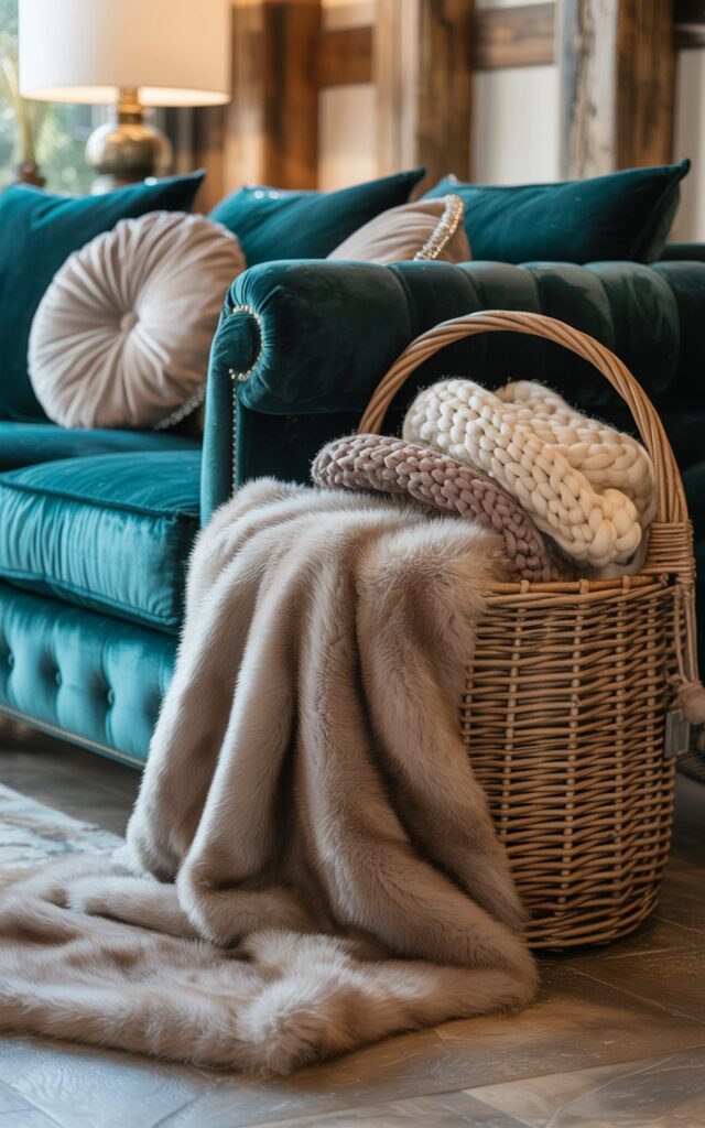 A luxurious interior photograph showcasing a close-up view of an oversized woven rattan basket positioned beside an opulent velvet sofa in rich emerald or deep sapphire blue. The basket overflows with sumptuous chunky knit blankets in cream, warm beige, and soft taupe, with a plush faux fur throw cascading gracefully over the rim, creating beautiful texture contrasts. The velvet sofa features elegant tufted cushions in coordinating neutral tones with subtle metallic accents, while the background reveals glimpses of rustic wooden beams and refined countryside elements. Soft, diffused natural light streams through the scene, highlighting the tactile qualities of each fabric and creating a perfect balance between glamorous sophistication and cozy rural charm.