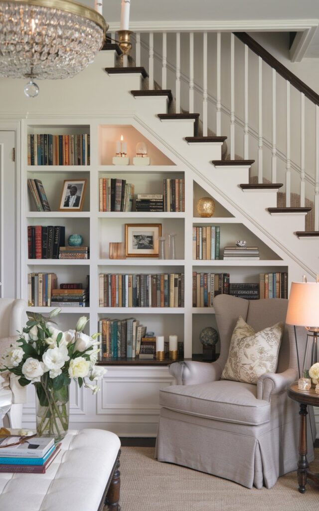 A photo of a posh glam and countryside style living room. The room has a cozy mini library built underneath a staircase. The built-in shelves are filled with neatly arranged books, vintage novels, and a few decorative accents like candles and framed photos. A plush armchair and a small reading lamp sit beside the nook, creating a warm and inviting corner. The space blends countryside charm—natural wood, soft textiles, and floral touches—with glam elements like gold accents, a crystal chandelier, and elegant finishes for a refined yet homey atmosphere.