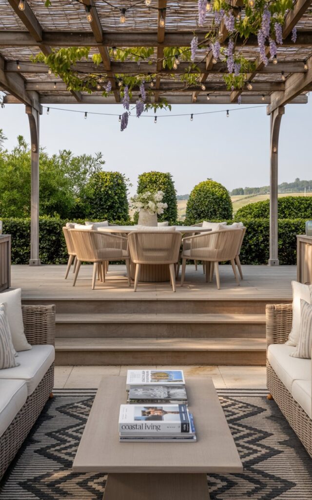 A photograph of a modern Americana-style patio with layered levels and luxurious furnishings. The raised dining deck is the focal point, featuring a round table with six cream-colored upholstered chairs gathered beneath a woven pergola draped with trailing wisteria vines. Below, a sunken lounge area is furnished with plush grey sofas, patterned outdoor rugs, and a low teak coffee table displaying a stack of design magazines with the title "Coastal Living" visible. Soft, warm string lights illuminate the space, creating a welcoming atmosphere against a backdrop of manicured English garden hedges and a glimpse of rolling hills.