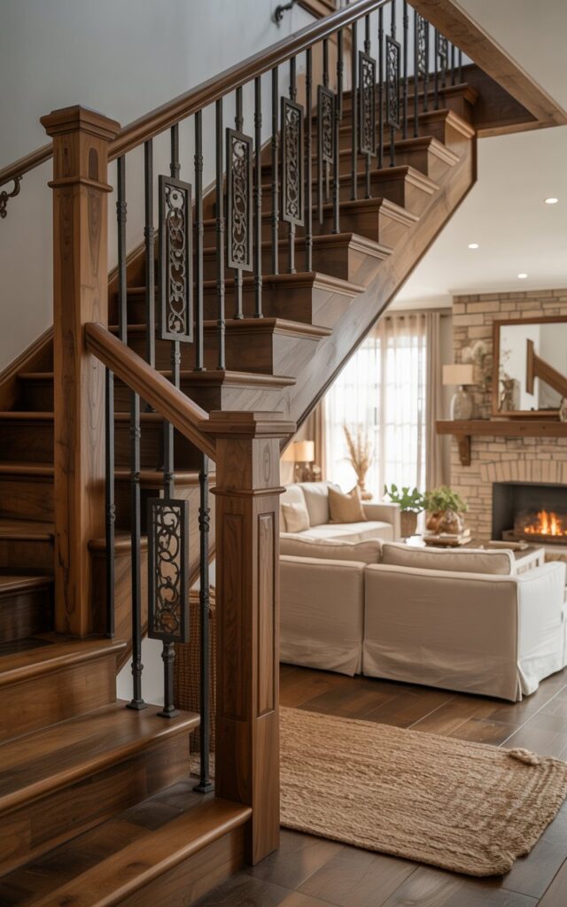 A sophisticated interior photograph of a posh rustic-chic living room showcasing an elegant staircase as the focal point, with sleek matte black metal spindles featuring intricate geometric patterns replacing traditional wooden balusters. The staircase combines rich walnut wood treads and a matching handrail with the designer metal work, creating a striking contrast between rustic warmth and modern artistry. The living space flows seamlessly around the stairs, featuring cream linen sectional sofas, a natural stone fireplace with a live-edge wooden mantel, and layered Persian and jute rugs in earthy tones. Soft, diffused natural light streams through sheer curtains, casting gentle shadows that highlight the brushed bronze accents on light fixtures and hardware, while warm ambient lighting from recessed fixtures and table lamps creates an inviting, luxurious atmosphere that perfectly balances rustic charm with contemporary refinement.