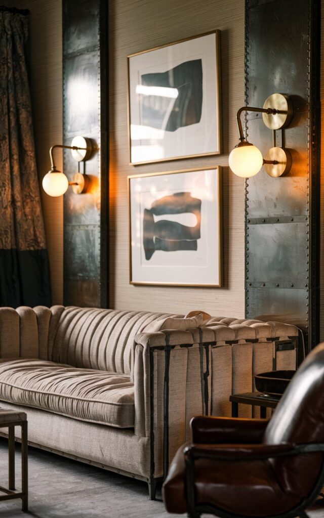 A photo of a living room with a posh rustic and industrial style. There is a plush, neutral-toned sofa with small brass globe wall sconces installed on either side. The wall has a wallpaper and framed abstract art. There is a metal-framed furniture and a leather accent chair. The warm light from the sconces casts a soft golden glow, enhancing the textures of wood, metal, and fabric. The overall vibe is sophisticated yet rugged, blending industrial edge with refined rustic charm for a perfectly balanced, upscale aesthetic.