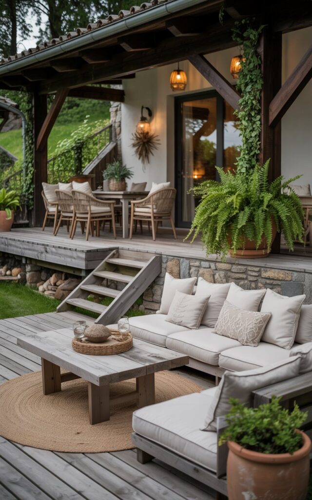 A photograph showcasing a charming two-level patio deck, perfectly blending rustic and Alpine chic aesthetics. The lower deck features plush, cream-colored cushions arranged around a low, weathered wooden table, complemented by a textured jute rug, while a set of rustic wooden steps lead up to the upper dining area with woven chairs. Stone accents border the deck edges, and strategically placed terracotta pots overflow with vibrant green ferns and trailing ivy. Soft, warm light from hanging lanterns casts a gentle glow, creating an inviting and cozy outdoor space.