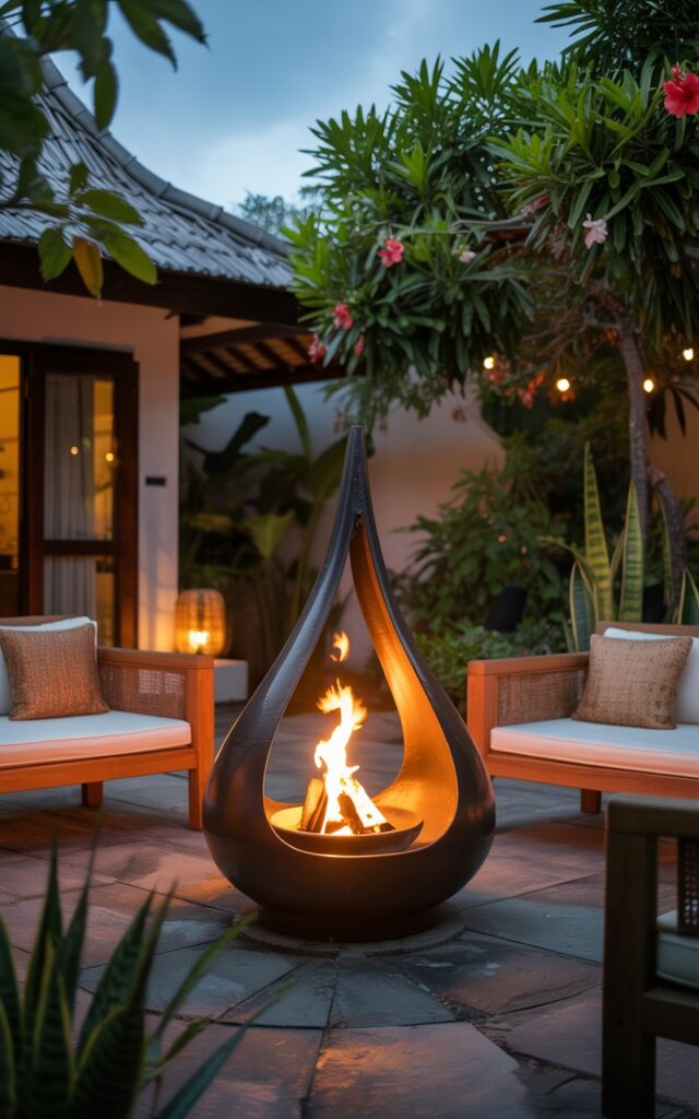 A photograph of a sleek, teardrop-shaped firepit glowing warmly at twilight, positioned centrally in a rustic Balinese-style backyard patio. The firepit's graceful flames dance and flicker, casting an orange glow on the surrounding low wooden loungers with woven rattan backs and earthy-toned cushions. Lush tropical greenery, including vibrant hibiscus and bamboo accents, frames the stone-paved patio, while soft lanterns and fairy lights subtly illuminate the scene. The composition creates a tranquil and artful ambiance, with the firepit serving as the mesmerizing focal point against a darkening sky.