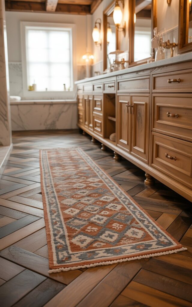 A photograph of a rustic-chic bathroom interior featuring a long Turkish-style kitchen runner positioned on herringbone wooden tile flooring in front of an elegant vanity. The intricate runner displays geometric and floral patterns in muted terracotta, cream, and dusty blue tones, creating rich texture against the warm wood floor. The space seamlessly blends a reclaimed wood vanity with marble countertops, gold brass hardware, and exposed wooden ceiling beams, while elegant pendant lighting casts a warm glow. Soft natural light streams through a window, illuminating the runner's detailed weave and creating gentle shadows that enhance the cozy yet sophisticated atmosphere.