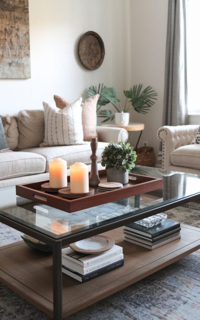 A photo of a rustic chic living room with a mahogany glass-top coffee table. The table is arranged with a tray holding candles, coasters, and a small plant, along with stacked books and a decorative object like a ceramic bowl or sculpture. The room features a comfortable sofa, an area rug, accent lighting, and wall art. The styling feels balanced, intentional, and lived-in, blending functionality with effortless aesthetic charm.