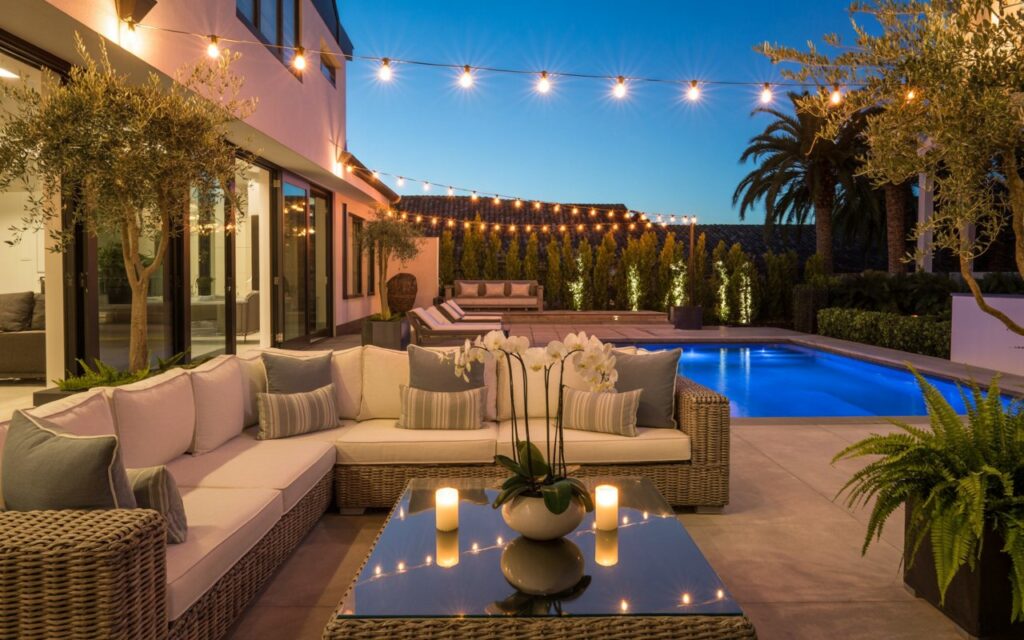 A photograph of a luxurious backyard patio seamlessly integrated with a modern home at twilight. The focal point is a plush, gray sectional sofa adorned with woven cream cushions and patterned throw pillows, positioned around a sleek glass-top table holding two lit candles and a vase of white orchids. Warm string lights crisscross overhead, casting a gentle glow on the dark-stained wooden lounge chairs and the sparkling blue water of the pool beyond. Lush potted olive trees and ferns frame the patio, creating a tranquil and inviting coastal-rustic ambiance.