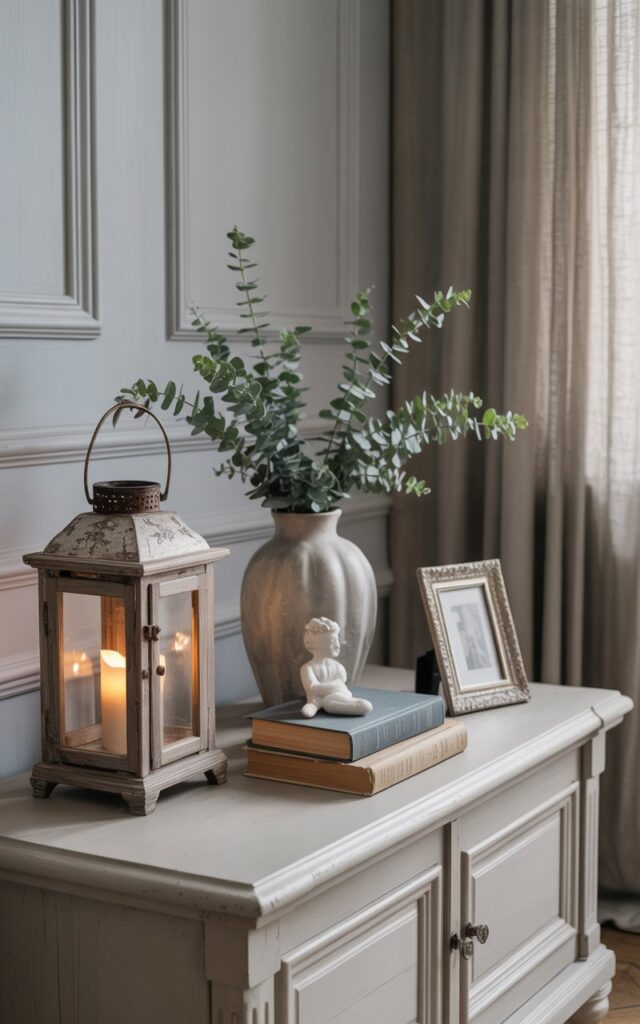 A photograph of a serene Gustavian-style living room featuring an elegant light-painted wooden TV console as the focal point. On the console, a weathered rustic lantern with a flickering candle casts a warm amber glow beside a sculptural ceramic vase filled with silvery-green eucalyptus branches, while carefully arranged antique leather-bound books, a delicate porcelain figurine, and an ornate carved picture frame complete the refined vignette. The backdrop showcases classic paneled walls in soft dove gray with elegant white moldings and flowing linen curtains that filter gentle daylight into the space. The overall palette of whites, pale grays, and muted pastels creates a calm, timeless atmosphere that perfectly balances rustic charm with Scandinavian elegance.