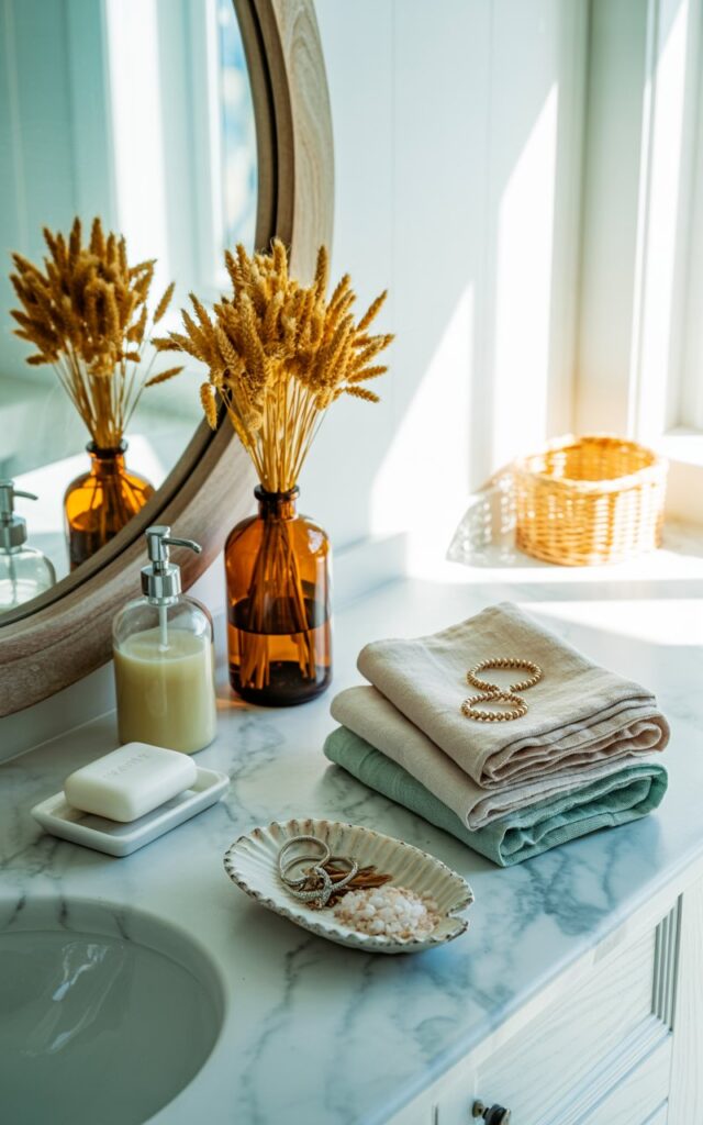 A photograph of a serene coastal-style bathroom counter crafted from light marble with subtle gray veining, bathed in soft natural light streaming through nearby windows. Two amber glass bottles filled with dried golden wheat stems create warm focal points against the cool palette, positioned alongside a pristine white ceramic soap dish, a clear glass dispenser filled with creamy liquid soap, and neatly folded linen hand towels in soft beige and seafoam green. A small weathered seashell tray holds delicate jewelry and coarse sea salts, while a woven rattan basket adds natural texture in the corner beneath a round mirror framed in smooth driftwood. The composition exudes an airy, sophisticated atmosphere where seaside freshness meets rustic autumn warmth, with gentle shadows dancing across the marble surface.