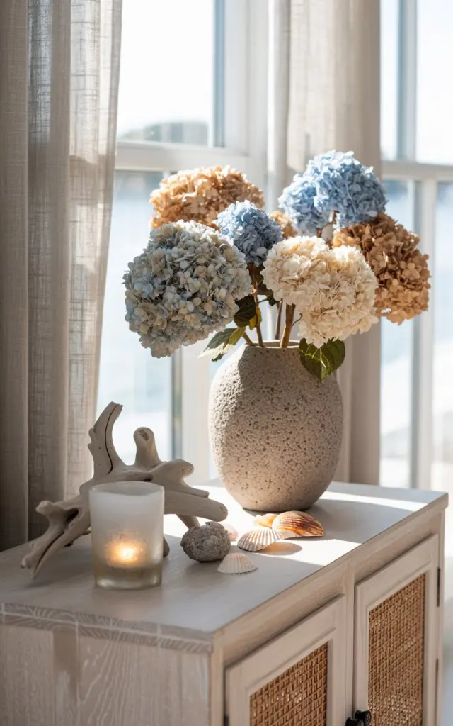 A photograph of a serene coastal-style interior featuring a light whitewashed wooden sideboard positioned beneath sun-drenched windows. Atop the sideboard, a textured stone vase in warm grey holds an elegant arrangement of dried hydrangeas in soft cream, pale blue, and sandy beige tones, their papery petals catching the gentle light. The botanical display is artfully complemented by coastal accents including a weathered driftwood sculpture, scattered iridescent seashells, and a frosted glass candle holder with flickering light. Soft natural sunlight streams through sheer linen curtains, casting delicate shadows and highlighting the organic textures of the stone vase and dried blooms, creating an airy and elegantly relaxed atmosphere that embodies the tranquil essence of coastal living.