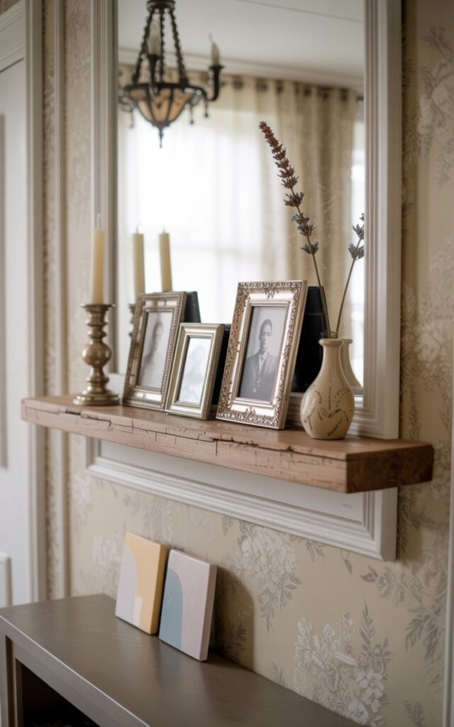 A photograph of a floating ledge styled in a shabby chic and Victorian hallway. The ledge is crafted from reclaimed wood, displaying a curated selection of items including three antique silver photo frames holding faded black and white portraits, two ivory candles in ornate holders, and a petite ceramic vase with a single sprig of dried lavender. Below the ledge sits a sleek, dark wood console table accented by two small abstract canvases, bathed in soft, diffused light from a vintage-style chandelier hanging above. The hallway's walls are adorned with a pale floral wallpaper, complemented by elegant crown molding, creating a romantic and lived-in atmosphere.