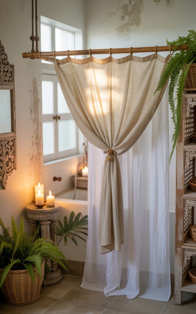 A photograph of a shabby chic and Balinese-inspired bathroom featuring a soft cream linen scarf draped elegantly over a weathered bamboo shower rod as a decorative curtain topper. The space showcases whitewashed walls with gentle wear marks, aged teak wood shelving, and a flowing white cotton shower curtain beneath the linen accent, creating beautiful layered textures. Flickering pillar candles sit on carved wooden pedestals alongside lush monstera and fern plants in woven rattan planters, while intricate Balinese wood carvings accent the walls. Warm, filtered sunlight streams through a frosted window, casting a golden glow across the serene space and highlighting the romantic vintage elements against the tropical ambiance.