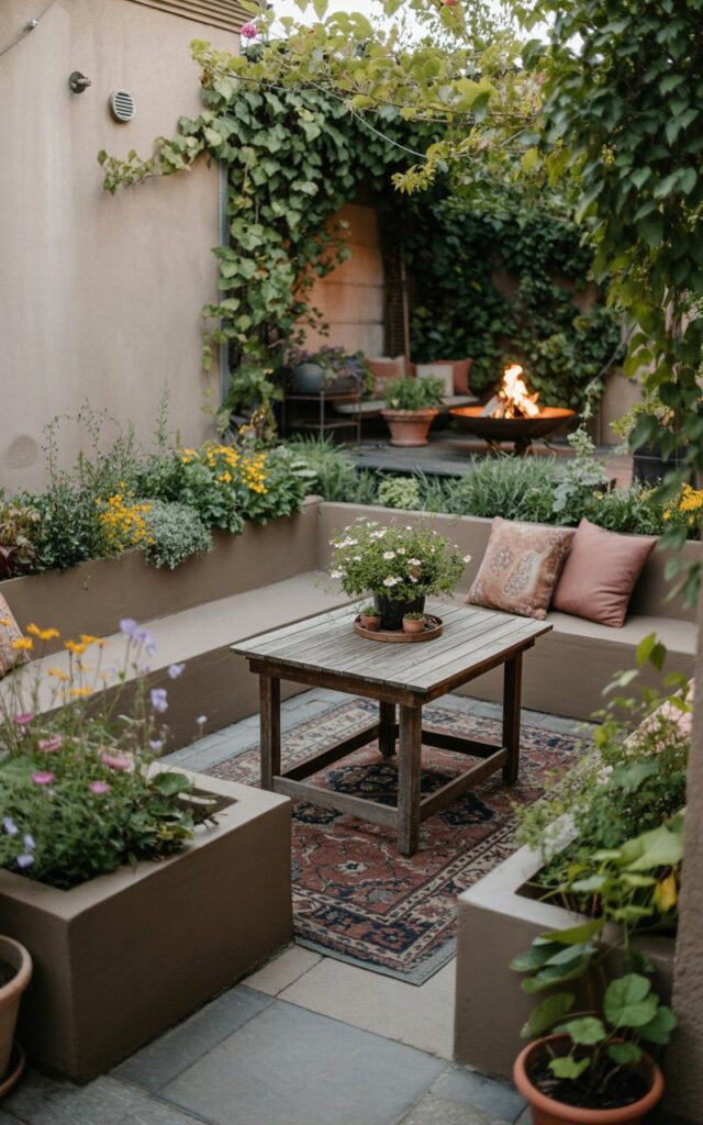A photograph of a cozy patio area defined by low, weathered concrete planters overflowing with vibrant wildflowers, lush leafy greens, and climbing ivy. A distressed wooden bistro table sits centered on a faded, patterned outdoor rug, adorned with soft cushions in muted earth tones. A small firepit glows warmly in the background, surrounded by terracotta pots filled with herbs and trailing plants. The scene is bathed in the soft, golden light of late afternoon, creating an inviting and organically stylish atmosphere.