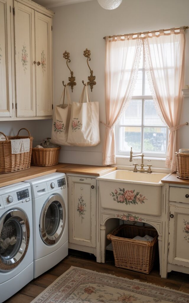 A photograph of a charming shabby chic laundry room, bathed in soft natural light. A vintage farmhouse sink, crafted from porcelain with delicate floral detailing, sits beneath a window draped with lace curtains. Distressed white cabinets, adorned with brass knobs and vintage floral accents, frame a side-by-side washing machine and dryer, while a patterned rug and woven wicker baskets soften the space. The room exudes a feminine, nostalgic glow, with three elegant brass floral hooks holding canvas bags and reusable laundry sacks neatly mounted on one wall.