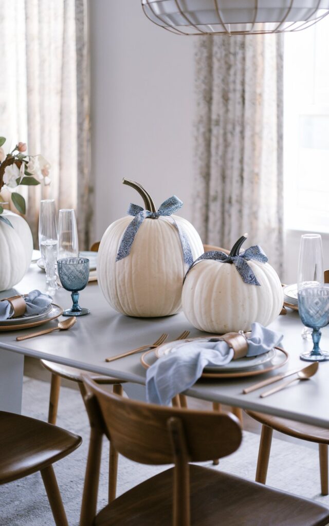 A photo of a shabby chic and mid-century modern style dining room with a vintage charm and sleek design. There are two to three white pumpkins of varying heights on the dining table. The pumpkins are elegantly tied with blue patterned satin ribbons, adding a refined yet whimsical fall touch. The table is styled with minimalist dinnerware, soft linen napkins, and delicate glassware. The surrounding decor includes a mix of mid-century wooden chairs, a statement pendant light, and subtle shabby chic elements like distressed finishes and floral accents. Natural light filters in through nearby curtained windows, highlighting the pumpkins as the centerpiece — simple, stylish, and seasonally perfect.