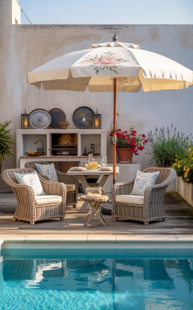 A photograph of a shabby chic patio overlooking a sparkling turquoise pool, bathed in the warm glow of the late afternoon sun. A large, cream-colored umbrella with delicate floral detailing floats gracefully above a comfortable seating area comprised of weathered wicker lounge chairs adorned with pale blue and white patterned cushions. A small, round dining table near a built-in cooking station displays a collection of vintage silver trays and flickering lanterns, while vibrant potted bougainvillea and lavender add pops of color against the distressed wooden patio floor. The scene evokes a relaxed and inviting atmosphere, with the pool reflecting the azure sky and a sense of peaceful escape.