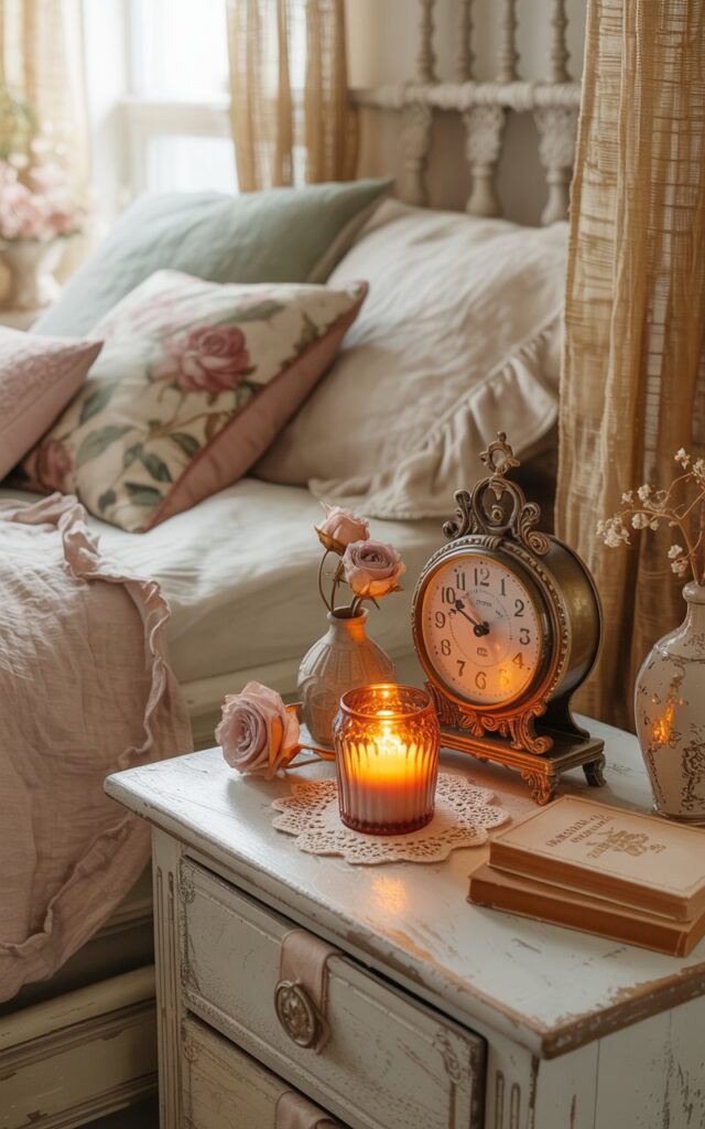 A romantic shabby chic bedroom photograph featuring a weathered whitewashed nightstand adorned with vintage treasures and soft candlelight. The focal point is an ornate vintage brass clock with a patina finish sitting beside a glowing autumn-scented candle in an antique glass holder, casting warm amber light across a delicate lace doily. Scattered around are dried pink roses in a petite ceramic vase, a small stack of leather-bound books with gilded edges, and subtle vintage trinkets that catch the flickering light. The nearby bed showcases rumpled ivory linens with ruffled edges, faded floral throw pillows in dusty rose and sage green, and a hand-stitched quilt in soft cream and blush tones, all bathed in the golden hour light streaming through gauze curtains.