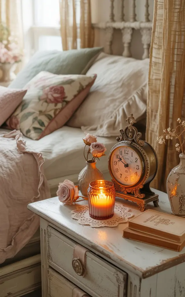 A romantic shabby chic bedroom photograph featuring a weathered whitewashed nightstand adorned with vintage treasures and soft candlelight. The focal point is an ornate vintage brass clock with a patina finish sitting beside a glowing autumn-scented candle in an antique glass holder, casting warm amber light across a delicate lace doily. Scattered around are dried pink roses in a petite ceramic vase, a small stack of leather-bound books with gilded edges, and subtle vintage trinkets that catch the flickering light. The nearby bed showcases rumpled ivory linens with ruffled edges, faded floral throw pillows in dusty rose and sage green, and a hand-stitched quilt in soft cream and blush tones, all bathed in the golden hour light streaming through gauze curtains.