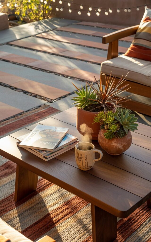 A photograph of a tranquil southwestern patio featuring a low wooden coffee table as the central focus. The table displays a stack of magazines, a steaming ceramic coffee mug with a geometric design, and two terracotta pots overflowing with vibrant succulents and spiky desert plants, arranged to create a visually balanced vignette. The patio’s floor is a striking pattern of alternating dark walnut wood planks and textured sandstone tiles, while a woven rug in earthy tones adds warmth and softness beneath the table, with string lights gently illuminating "Adobe Sunset" above. Soft, golden sunlight streams through the nearby foliage, casting long shadows across the patio and highlighting the textures of the wood, stone, and woven fabrics.