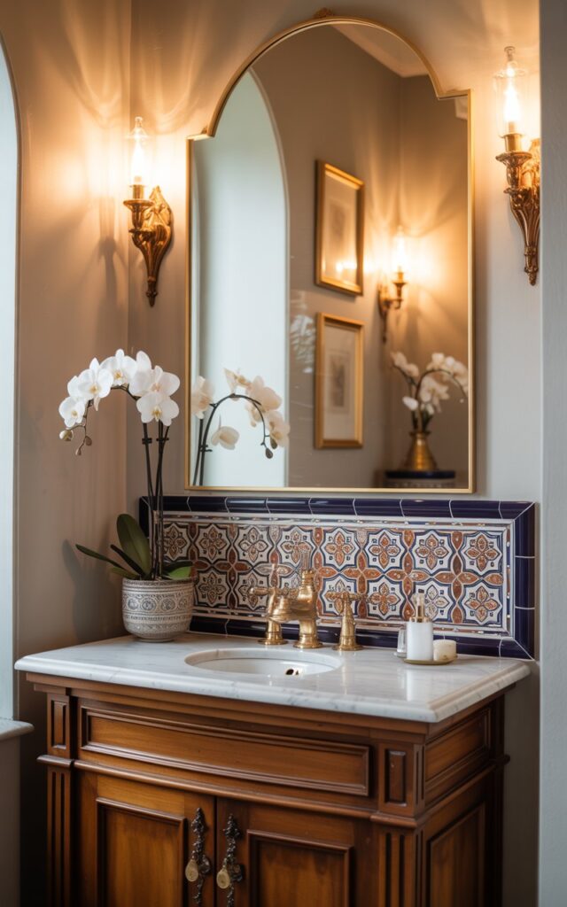 A photograph of an elegant traditional powder room showcasing a stunning Moroccan-style peel-and-stick tile border positioned directly behind a classic wooden vanity sink. The rich wooden cabinet features a pristine marble countertop topped with polished brass faucets, while an ornate arched mirror reflects the room's sophisticated details. The intricate tile border displays a mesmerizing geometric pattern in deep sapphire blues, warm terracotta, and creamy ivory tones that create a striking contrast against the soft neutral walls. Warm golden light from brass wall sconces bathes the space, illuminating framed artwork, a delicate vase filled with white orchids, and casting gentle shadows that enhance the room's timeless and luxurious atmosphere.