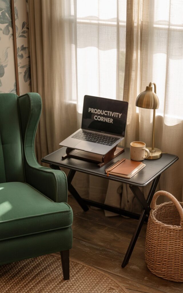 A photograph of a cozy, rustic home office nook nestled in the corner of a sunlit living room. A silver laptop sits open on a dark brown wooden stand, showcasing the words “"Productivity Corner"" displayed on the screen, paired with a deep emerald green velvet armchair.  A worn leather notebook, a steaming ceramic mug of coffee, and a brass desk lamp are neatly arranged on the small desk, while a woven seagrass basket sits beside it. The space is bathed in the soft glow of the afternoon sun filtering through sheer linen curtains, highlighting the gentle floral wallpaper and the warm tones of the aged wooden floor.