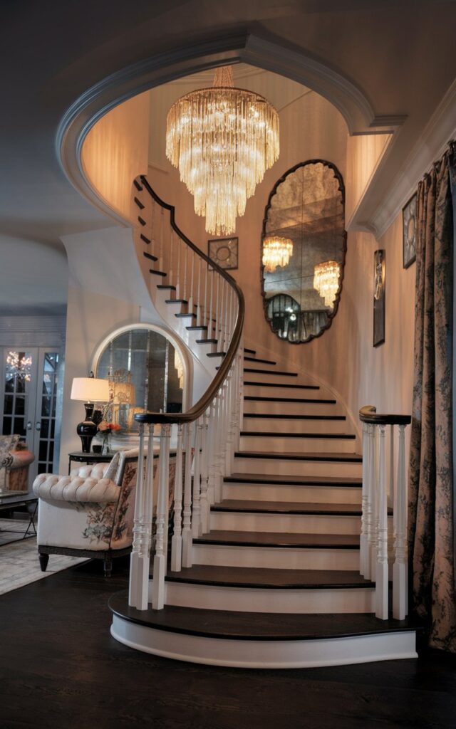 A photo of a vintage + chic style living room at night with a staircase illuminated by a stunning statement chandelier. The chandelier has cascading crystals and warm golden light, casting a soft, romantic glow over the steps. The staircase features dark wood treads, white risers, and an ornate railing with delicate detailing. The living room blends vintage charm—antique mirrors, tufted furniture, and floral patterns—with chic accents like metallic décor and elegant drapery, creating a dreamy, sophisticated nighttime ambiance.
