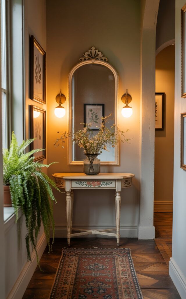 A photograph of a warmly lit hallway embracing a cozy cottagecore aesthetic.  A slender, antique console table with delicate floral accents sits beneath a generously sized, ornate mirror, flanked by two hand-painted globe wall sconces that cast a soft, golden glow.  A richly patterned runner stretches along the aged wooden floor, while framed botanical prints adorn the walls, complemented by lush, potted ferns cascading from a window ledge. The scene is bathed in the subdued light of night, creating an intimate and inviting atmosphere.