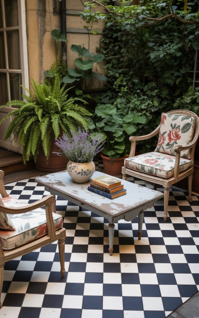 A photograph of a charming vintage backyard patio, centered around a striking checkerboard tile floor. The floor’s black and white squares create a geometric pattern, reflecting the soft morning light filtering through the surrounding greenery. Classic wooden chairs with floral patterned cushions are arranged around a weathered coffee table holding a stack of vintage books and a ceramic vase filled with lavender. Lush potted ferns and climbing ivy adorn the patio walls, creating a tranquil and inviting atmosphere.