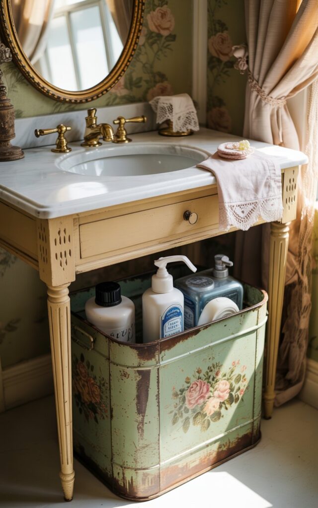 A vintage-style bathroom photograph featuring an elegant vanity with a hand-painted cream wooden base and pristine white marble countertop adorned with brass fixtures. The charming focal point is a weathered tin container with faded floral motifs tucked beneath the vanity, repurposed to discreetly store cleaning supplies alongside its original patina and rust spots. An ornate oval mirror with gilded frame reflects soft morning light streaming through a lace curtain, while delicate rose-patterned wallpaper and ivory lace-trimmed hand towels complete the scene. The gentle natural illumination creates warm shadows that emphasize the tin's vintage character and the bathroom's cozy, thoughtfully curated aesthetic.
