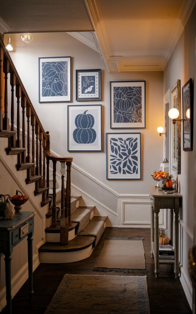 A vintage-style hallway with a classic staircase featuring wooden railings and worn-in steps. Along the staircase wall, 3-4 blue-and-white autumn-themed prints, including pumpkins, leaves, and abstract patterns, are framed and arranged in a visually pleasing gallery layout. The hallway is decorated with vintage touches like an antique console table, a small rug, and soft ambient lighting from a wall sconce. The overall vibe is nostalgic, cozy, and artfully seasonal, blending classic charm with curated autumn style.