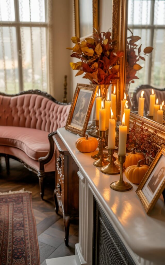 A vintage-style living room photograph featuring an elegantly decorated fireplace mantel as the focal point, adorned with 2-3 brass candleholders of varying heights holding flickering cream-colored candles that cast a warm, layered glow. The mantel display includes miniature orange pumpkins, dried amber and rust-colored leaves, ornate gilded picture frames, and polished brass accents that catch the candlelight. A plush tufted velvet sofa in deep burgundy sits nearby, complemented by an ornate gold-framed mirror, a Persian-style patterned rug in rich jewel tones, and classic dark wooden furniture with intricate carved details. Soft golden light filters through lace-curtained windows, creating a dreamy atmosphere that blends with the flickering candlelight to evoke cozy nostalgia and timeless romantic elegance.
