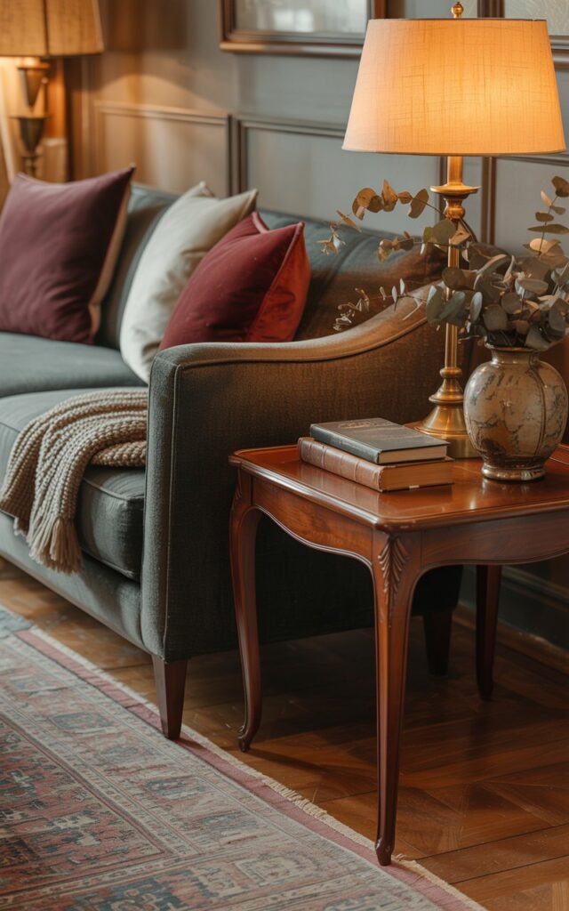 A vintage-style living room photograph showcasing a plush modern sofa in rich charcoal upholstery, adorned with contrasting velvet pillows in deep burgundy and cream, alongside a cozy knitted throw draped casually over one arm. An elegant antique mahogany side table with sleek curved legs sits beside the sofa, displaying a brass table lamp with a warm amber shade, a stack of leather-bound books, and a ceramic vase filled with dried eucalyptus branches. Persian-inspired patterned rugs in muted jewel tones cover the hardwood floors, while soft ambient lighting from vintage sconces and the table lamp casts a golden glow throughout the space. The seamless blend of contemporary comfort and timeless antique elements creates an inviting atmosphere that feels both sophisticated and warmly nostalgic.