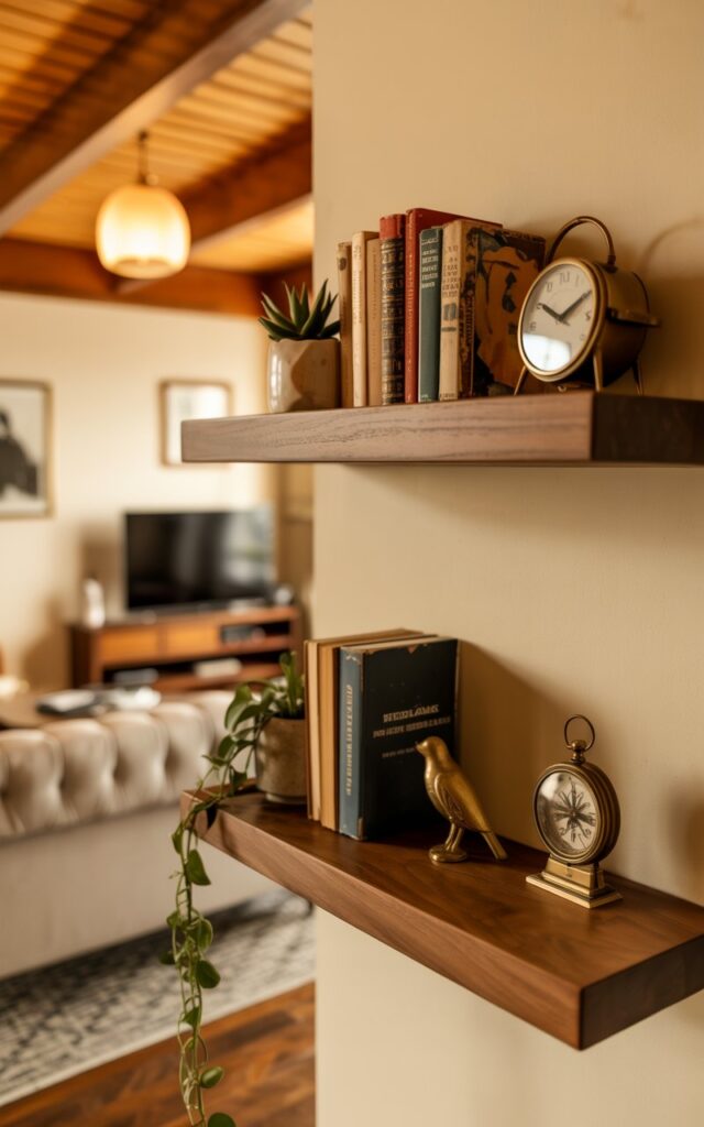 A close-up photograph of two floating wooden shelves mounted on a cream-colored wall near a vintage-style living room's television area. The upper shelf displays a small collection of leather-bound books with faded spines, a delicate succulent in a ceramic pot, and a brass vintage clock, while the lower shelf features a few hardcover novels, a trailing pothos plant, and small decorative objects like a miniature ceramic bird and an antique brass compass. The shelves are crafted from rich walnut wood that matches the room's warm aesthetic, with the background revealing glimpses of a classic tufted sofa, geometric patterned rug, and wooden slat ceiling with a pendant light casting soft, golden illumination. The ambient lighting creates gentle shadows that highlight the wood grain and curated objects, emphasizing the cozy, lived-in atmosphere of this thoughtfully designed vintage space.