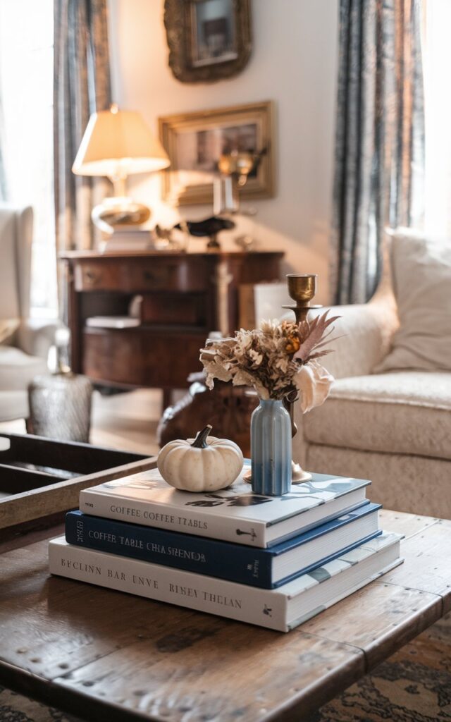 A photo of a vintage-style living room filled with character, charm, and cozy fall details. A wooden coffee table holds a small stack of blue and white coffee table books, which serve as the base for a curated seasonal vignette. On top of the books, there's a small white pumpkin, a brass candleholder, and a tiny blue vase with dried florals. The room features antique furniture, ornate picture frames, layered textiles, and warm lighting that gives the space a nostalgic glow. Every detail feels collected over time — elegant, lived-in, and perfectly imperfect.