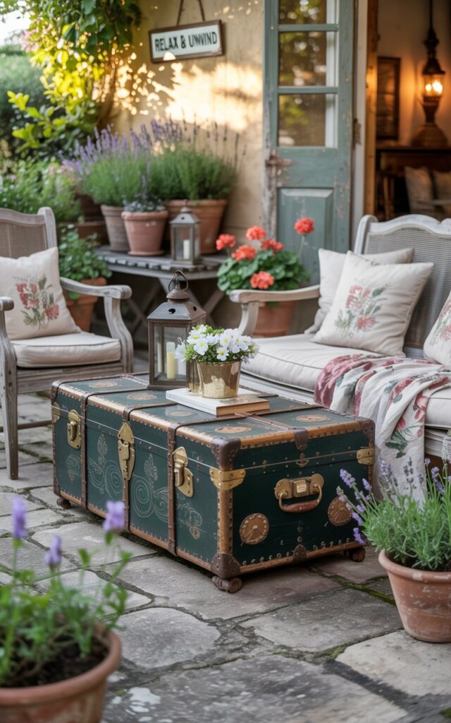 A photograph of a weathered vintage trunk acting as a coffee table on a charming, fully furnished patio. The trunk, adorned with faded brass hardware and intricate carvings, sits centered within a cozy seating arrangement of distressed wooden chairs and a linen loveseat layered with soft floral throws. Antique lanterns and terracotta pots overflowing with lavender and geraniums surround the space, bathed in the golden light of a late afternoon sun. The patio flooring is made of aged stone, and a vintage sign reading " "Relax & Unwind"" hangs delicately above the seating area.