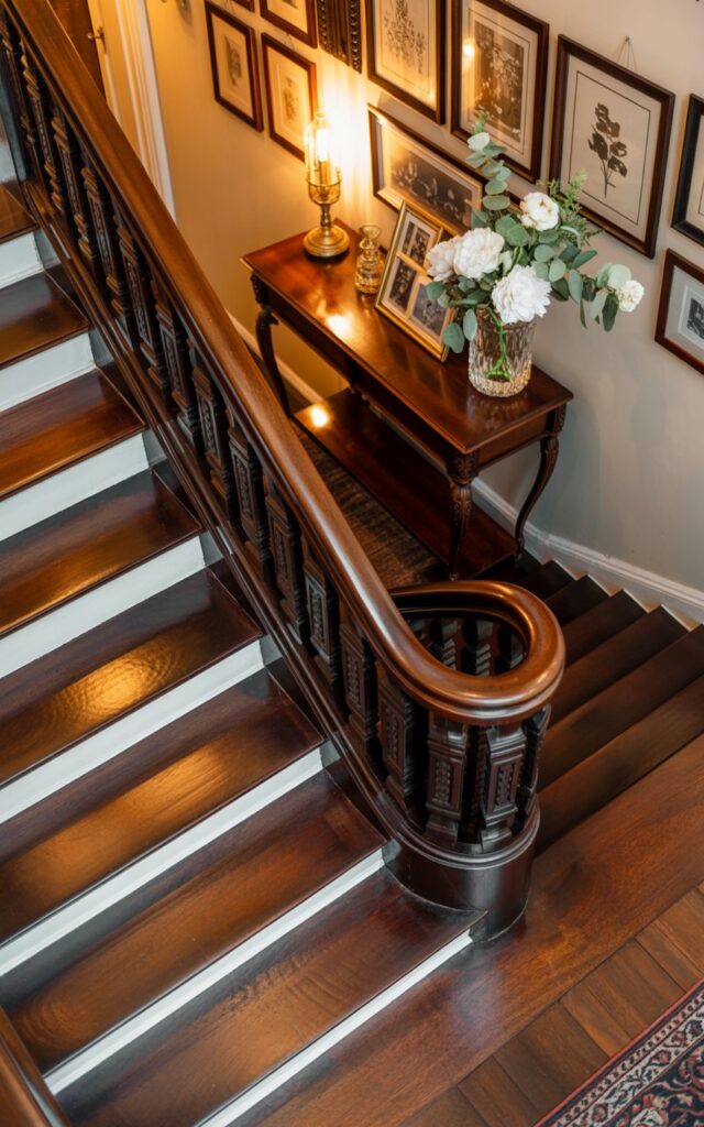 A close-up top-down view of an elegant staircase showcasing rich dark mahogany-stained wooden treads with crisp white painted risers. The curved handrail features intricate carved balusters and ornate woodwork details, creating beautiful shadows and highlights across the glossy wood surface. Along the adjacent hallway walls, framed botanical prints and vintage photographs create a gallery-like display above an antique mahogany console table adorned with a crystal vase of white peonies and eucalyptus. Warm golden ambient lighting from a vintage brass pendant fixture bathes the scene, emphasizing the lustrous wood grain and creating a sophisticated traditional-meets-contemporary atmosphere with a Persian runner visible at the base of the stairs.