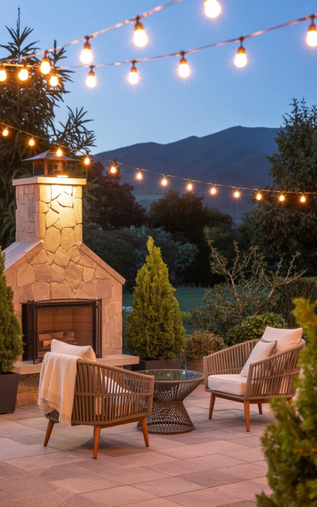 A photograph of an inviting backyard patio bathed in the soft glow of twilight. A stone fireplace anchors the scene, flanked by plush, woven armchairs draped with cream-colored wool throws, and accented with small potted evergreen trees. Warm fairy lights zig-zag overhead, creating a bokeh effect that illuminates the scene while highlighting the soft shadows of the surrounding lush garden and distant mountain peaks. The composition is framed by a muted twilight sky, creating a peaceful and luxurious atmosphere.