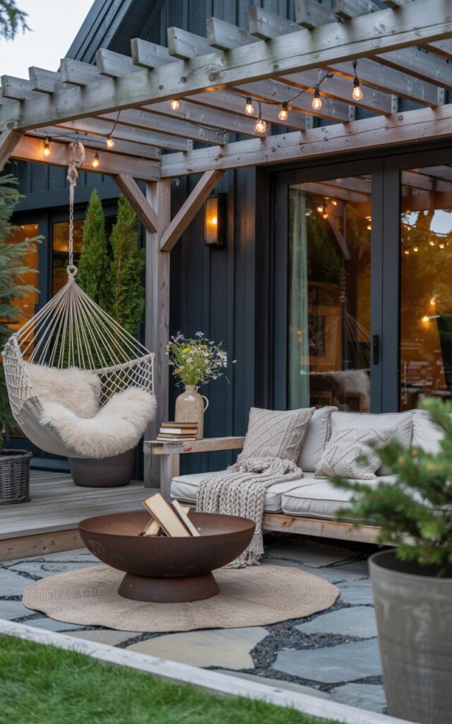 A photograph of a cozy backyard patio designed in an Alpine chic style, seamlessly blending into a modern home. A plush hammock chair with a cream-colored cushion hangs invitingly beneath a weathered wooden pergola, flanked by a stack of worn leather-bound books and a ceramic bottle filled with wildflowers. A low, modular sofa with chunky knit throws and textured pillows faces a sculptural, blackened steel firepit, all resting on a floor of natural, grey-veined stone. Soft, warm lighting from string lights interwoven with evergreen potted plants create a tranquil atmosphere.