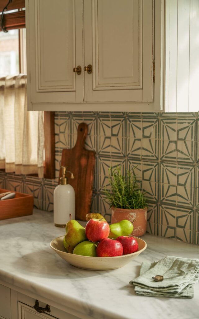 A photograph of an Americana-style kitchen featuring a distinctive geometric patterned backsplash in muted blues and creams behind classic white shaker cabinets with antique brass hardware. On the marble countertop, a shallow cream-colored ceramic bowl displays an artful arrangement of glossy red apples and vibrant green pears, surrounded by carefully placed kitchen essentials including a worn butcher-block cutting board, a simple white ceramic soap dispenser, a small terracotta pot with fresh rosemary, and neatly folded sage-green linen towels. Warm natural light filters through cafe curtains at a nearby window, casting gentle shadows that highlight the fruit's natural sheen and the subtle texture variations in the handcrafted backsplash tiles. The scene exudes cozy autumn warmth with its blend of practical functionality and timeless farmhouse charm.