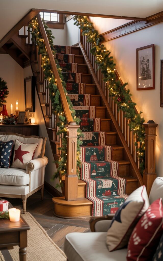 A warm photograph of an Americana-style living room showcasing a wooden staircase adorned with festive Christmas decorations as the central focal point. The staircase features a beautiful runner with traditional red, green, and white holiday patterns, while lush evergreen garlands intertwined with twinkling string lights cascade along the wooden railings and up the stairway walls. The surrounding living space is furnished with plush cream and burgundy sofas, vintage oak furniture, and subtle patriotic accents like star-patterned throw pillows and rustic Americana wall art. Soft amber candlelight flickers from multiple sources throughout the room, complementing the warm glow of the string lights and creating an inviting holiday atmosphere that perfectly blends seasonal charm with classic American comfort.