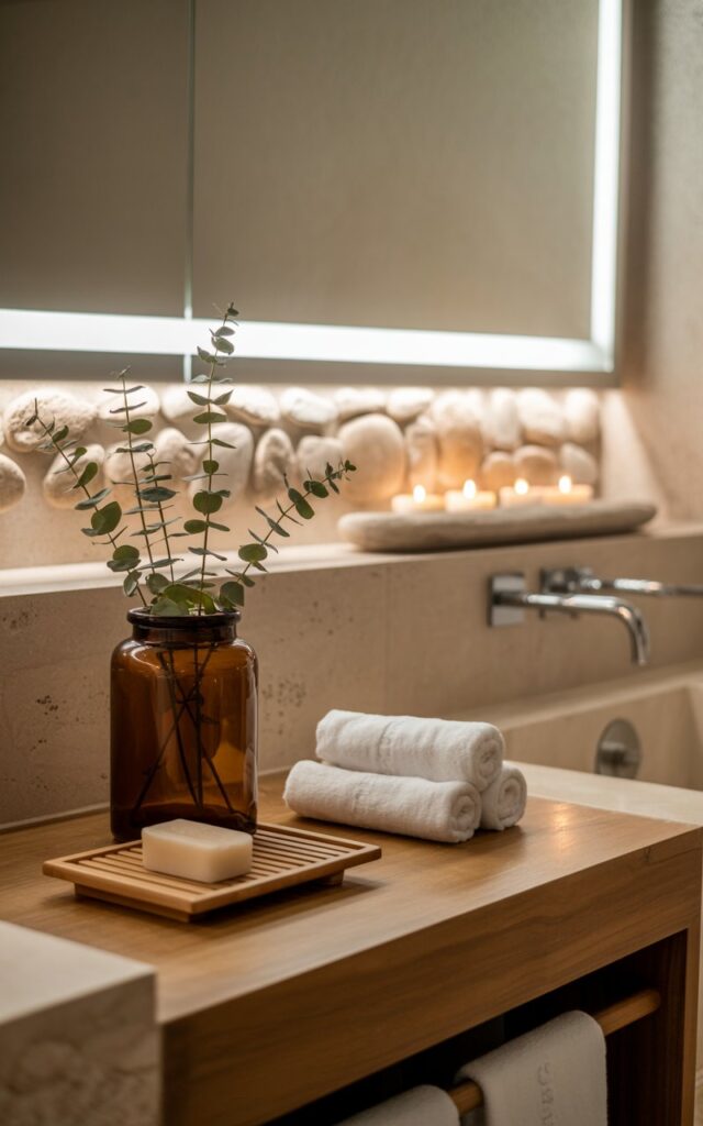 A photograph of a serene Asia Zen-style bathroom showcasing minimalist design with natural materials and earthy tones. The focal point is a sleek wooden vanity counter displaying a weathered amber glass jar filled with fresh eucalyptus stems, accompanied by a bamboo soap dish, neatly rolled white linen towels, and a smooth stone tray holding flickering candles. Above the vanity, an LED-backlit mirror illuminates a unique textured stone backsplash, while the surrounding space features warm wood grain, polished stone surfaces, and soft linen accents in muted beige and cream hues. Soft, diffused lighting filters through the space, creating gentle shadows and highlighting the natural textures, evoking the tranquil atmosphere of a luxury spa retreat.