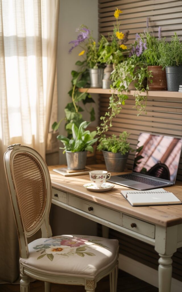 A photograph showcases a rustic wooden desk bathed in soft, natural light within a charming English countryside cottagecore-inspired home office. A vintage, cream-colored chair with a floral cushion sits invitingly before the desk, where a silver teacup rests on a delicate floral saucer alongside a laptop and open notebooks, as if paused mid-work. Above the desk, a floating shelf bursts with life, showcasing a miniature garden of trailing ivy, vibrant wildflowers, and small clay pots containing fragrant herbs, all against a backdrop of stylish wooden slats that create a warm, blended aesthetic. Soft lace curtains gently filter the sunlight, adding a layer of cozy comfort to the whimsical and practical space.